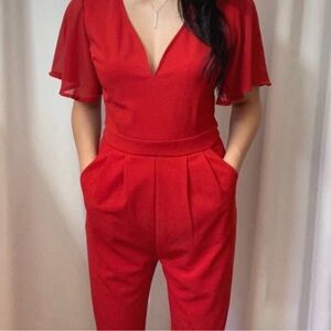 Red V-Neck Plunge Neck Short Sleeve Valentine's Day Jumpsuit Size Small